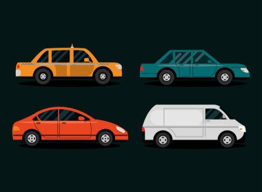Arabalar yan görünüm, farklı arabalar çizgi film tarzı, şehir ulaşımı.