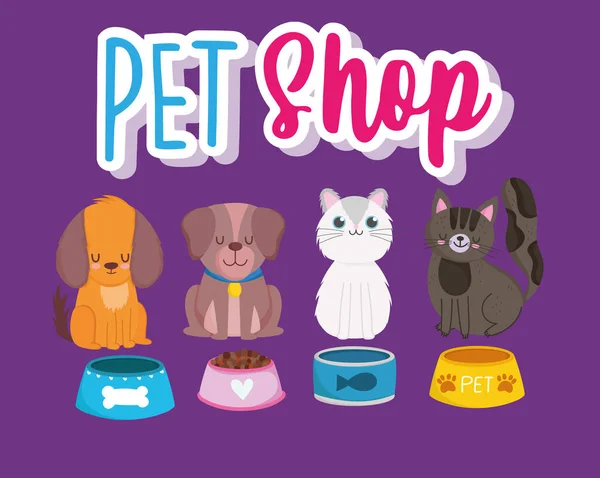 Zoohandlung Schriftzug Hunde und Katzen mit Futter Cartoon — Stockvektor