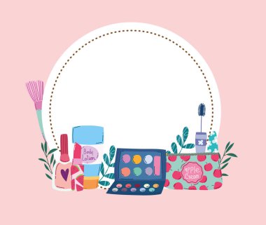 Güzellik makyajı palet krem maskara ve tırnak cilası.