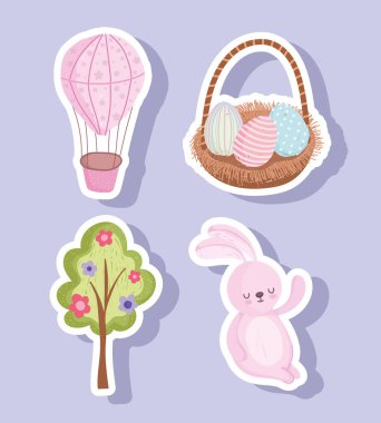 Mutlu Paskalya tavşanı yumurta sepeti, çiçek ve hava balonunu hazırla.