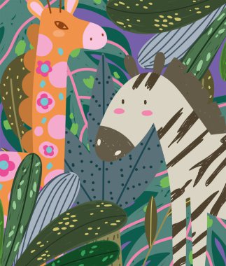 çizgi film sevimli orman hayvanları zebra zürafa yaprakları soyut