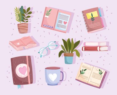 Set kitabı, botanik ders kitapları kahve fincanı ve bitki simgesi