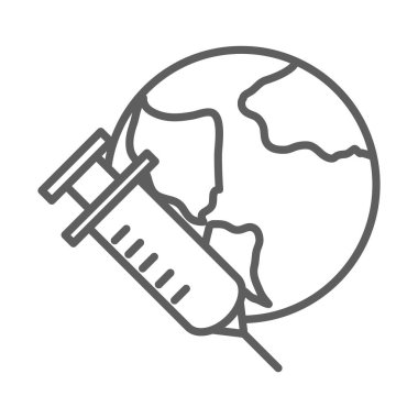 Aşı bilimi tıbbi şırınga dünya çizgisi simgesi beyaz arkaplan