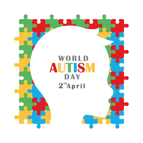 Autism awareness day silhouette head child puzzles background — Stock Vector