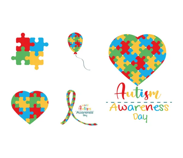 Set autismo conciencia día icono conjunto puzzles en forma de globo de cinta de corazón — Vector de stock