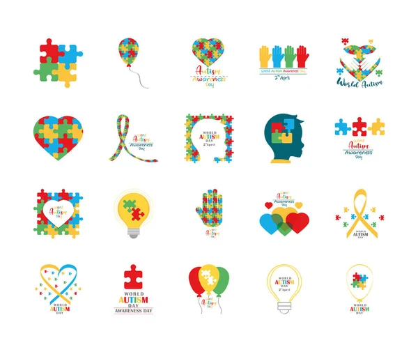 Set autism awareness day, puzzles head child heart hand balloon ribbon and bulb icon — Stock Vector