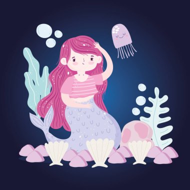 Güzel deniz kabukları denizanası alg taşları çizgi filmi