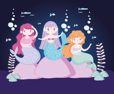 Kayaların üzerinde oturan tatlı denizkızları çizgi filmlerdeki deniz yosunları