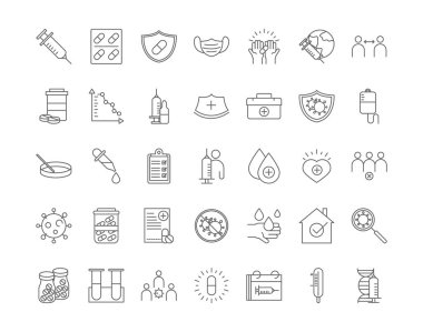 Aşı bilimi ekipmanı tedavi çizgisi simgesini ayarla