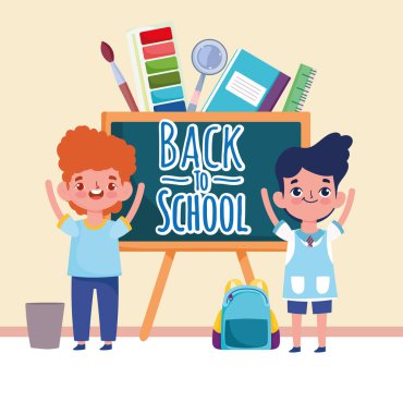 Okula mutlu öğrenciler için karatahta çantası ve malzeme.