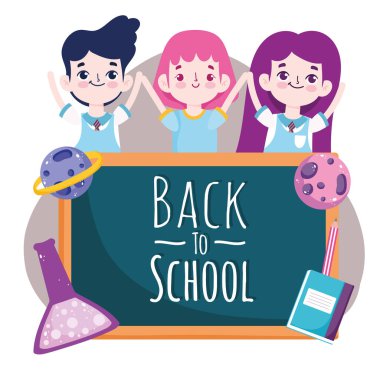 Okul öğrencilerine karikatür karatahta kitap bilimi