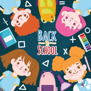 Okula geri dönen sevimli öğrenciler çizgi roman kalem rengi ve çantası.