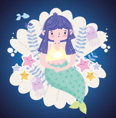 Deniz kabuğunda denizanası çizgi filmiyle oturan denizkızı.