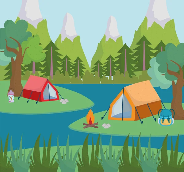 Camping skog flod — Stock vektor