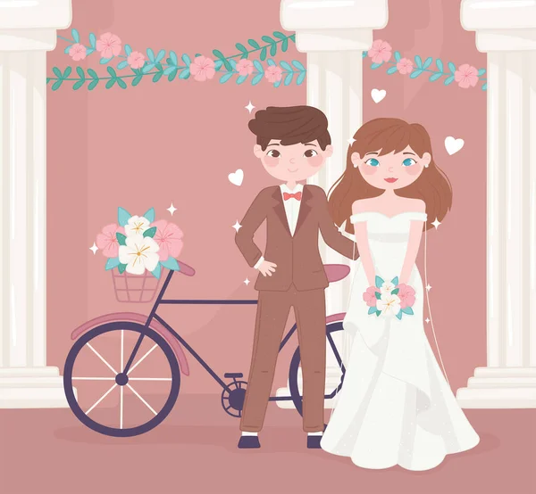 Matrimonio coppia con bici — Vettoriale Stock