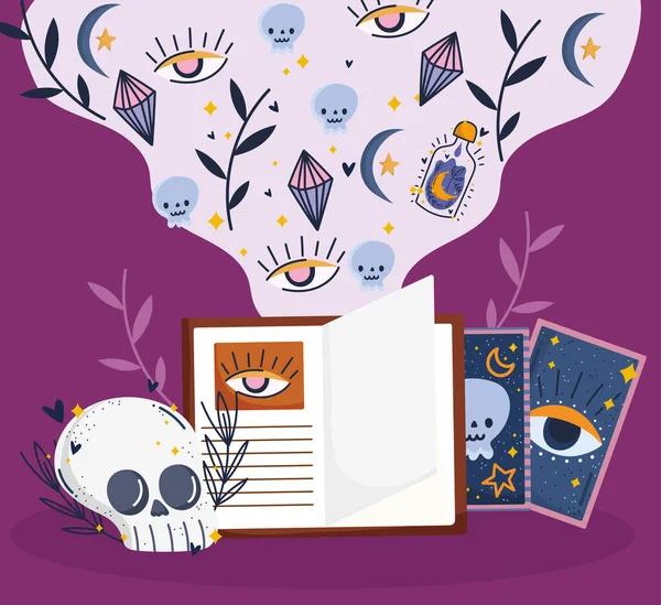 Skull magic book and cards — Stock Vector