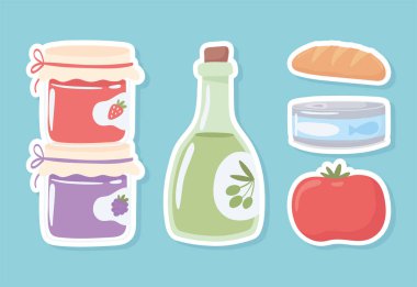 Bakkal şişeleri ve yiyecekler.