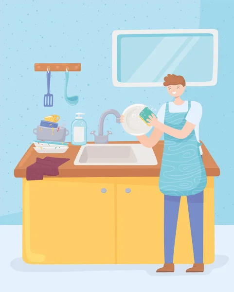 Man washing in the kitchen — стоковый вектор