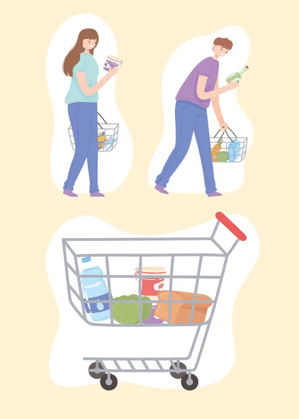 Woman and man with shopping basket — Stock Vector