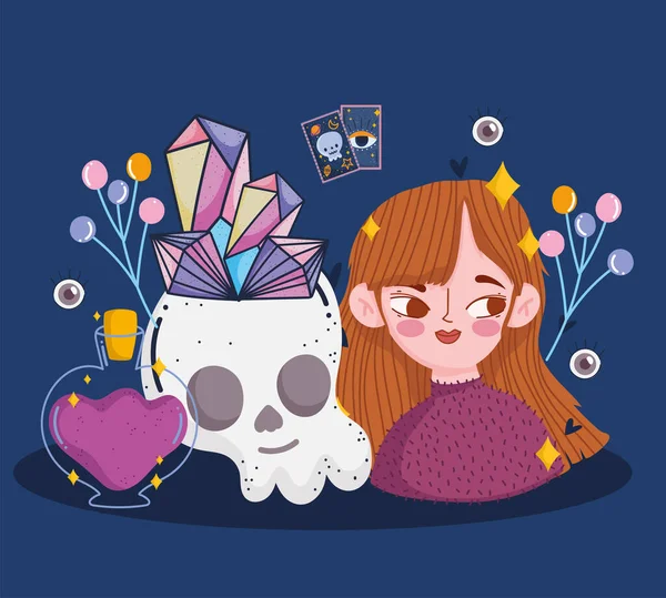 Girl with skull magic quartz — Stock Vector