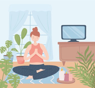 Kadın yoga evde dinleniyor.