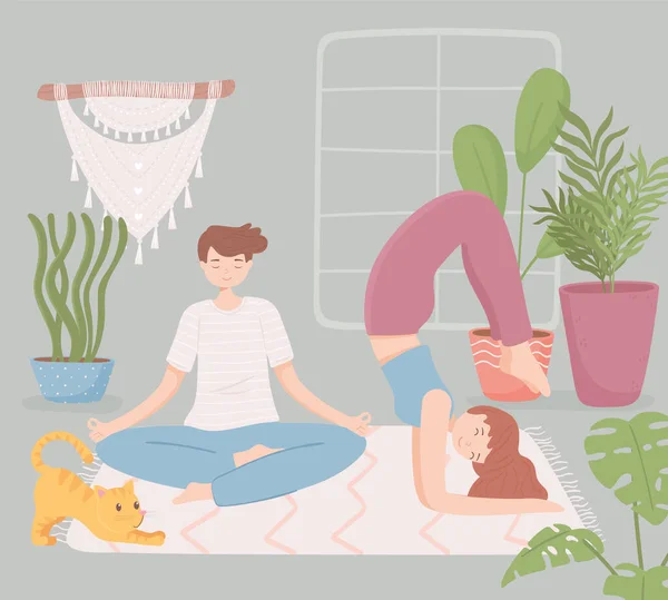 Pareja en casa haciendo yoga — Vector de stock