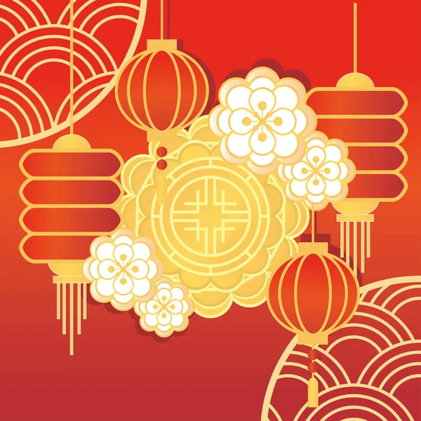 Mooncake chinois et fleurs — Image vectorielle