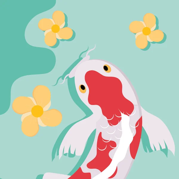 Peixe koi bonito e flores — Vetor de Stock