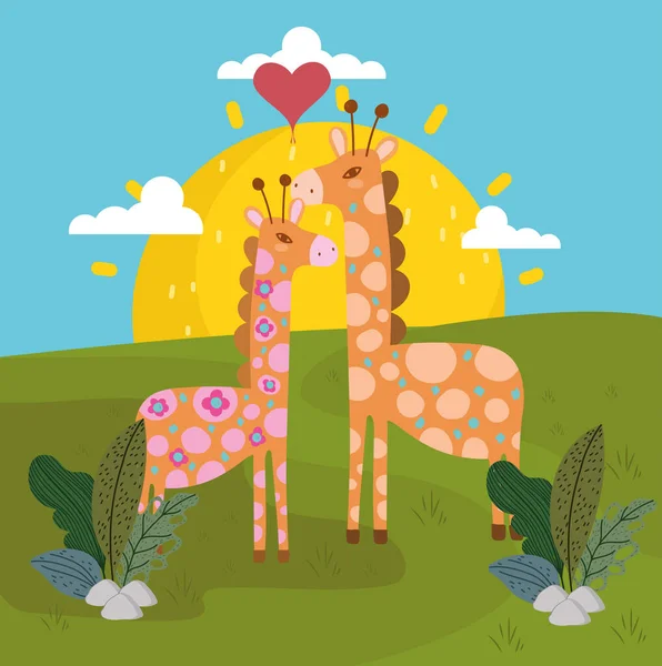 Pareja jirafa dibujos animados — Vector de stock