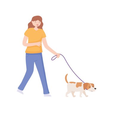 Mutlu kız köpekle yürüyor.