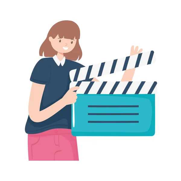 Menina segurando filme clapperboard — Vetor de Stock