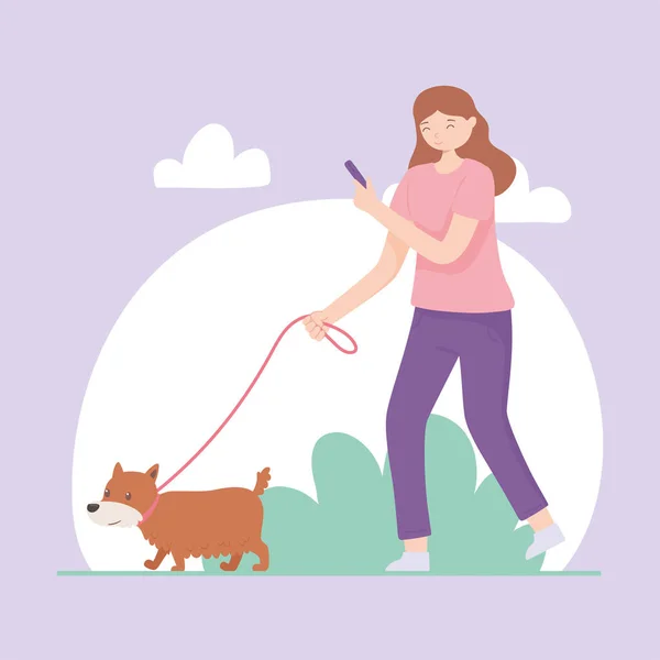 Девушка держит телефон выгуливая собака — стоковый вектор