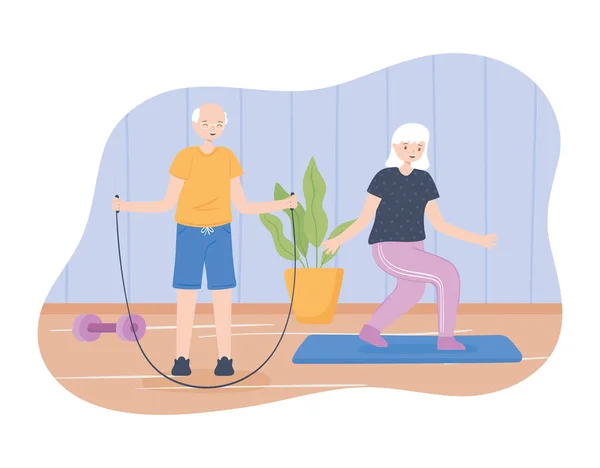 Old fitness couple at home — Stock Vector