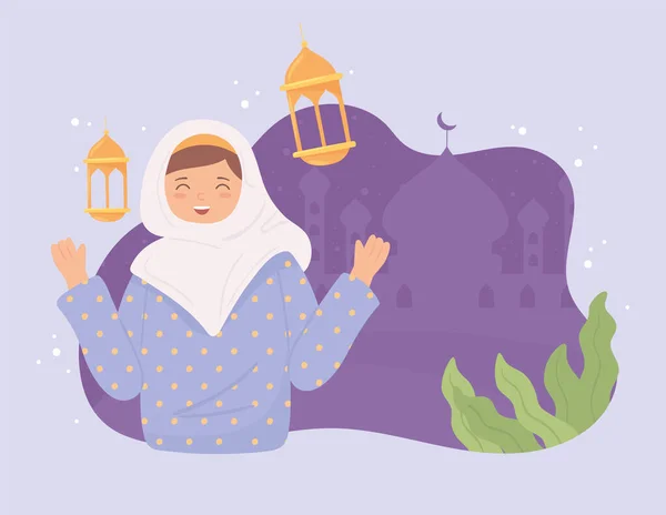 Cute muslim woman and mosque — Stock Vector