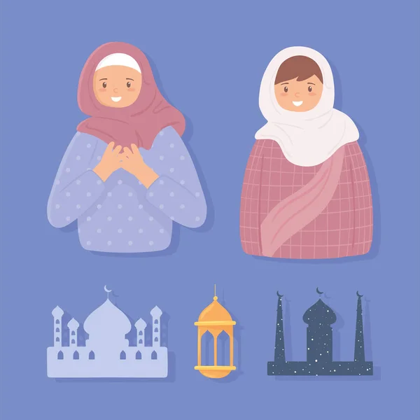 Set muslim women and temple — Stock Vector