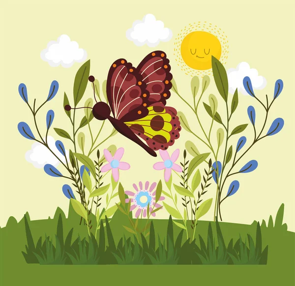 Mariposa con flores — Vector de stock