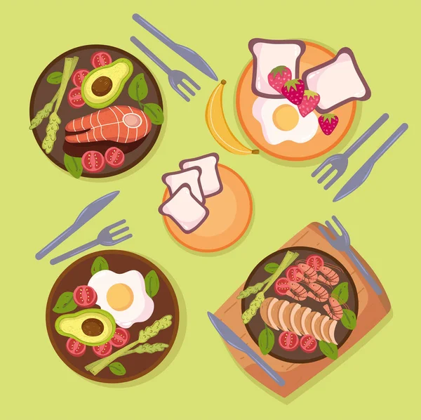 Assiettes d'aliments sains — Image vectorielle