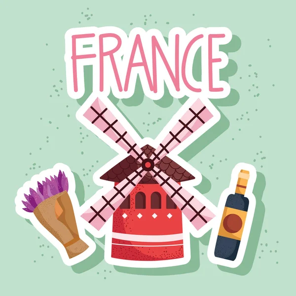 Frankreich Windmühle und Wein — Stockvektor