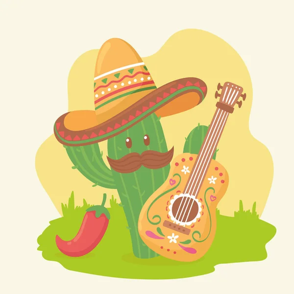 Lindo cactus con guitarra — Vector de stock