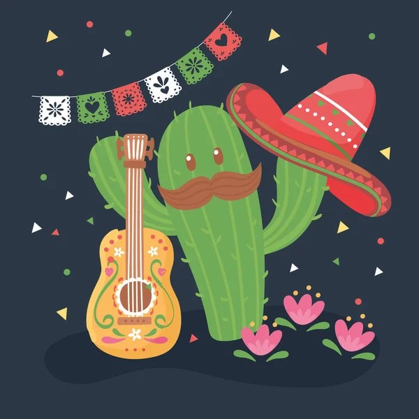 Cacto mexicano com guitarra —  Vetores de Stock