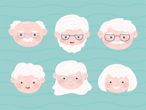 Set of cute faces old people — Stock Vector