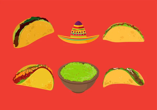 Taco guacamole dan topi - Stok Vektor