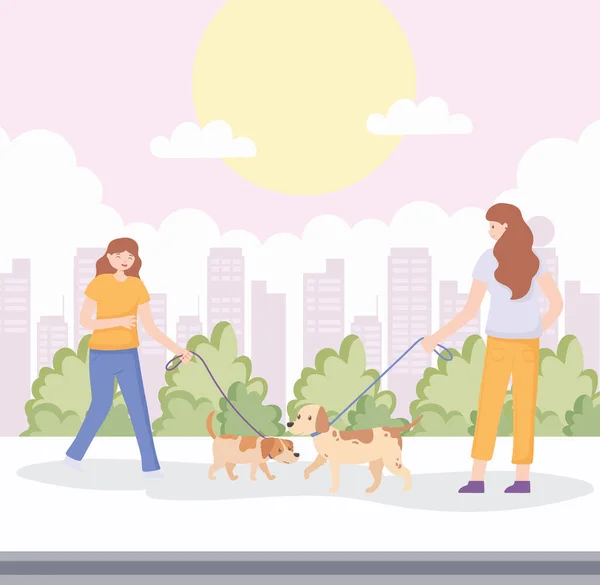 Mujeres con mascotas en la calle — Vector de stock