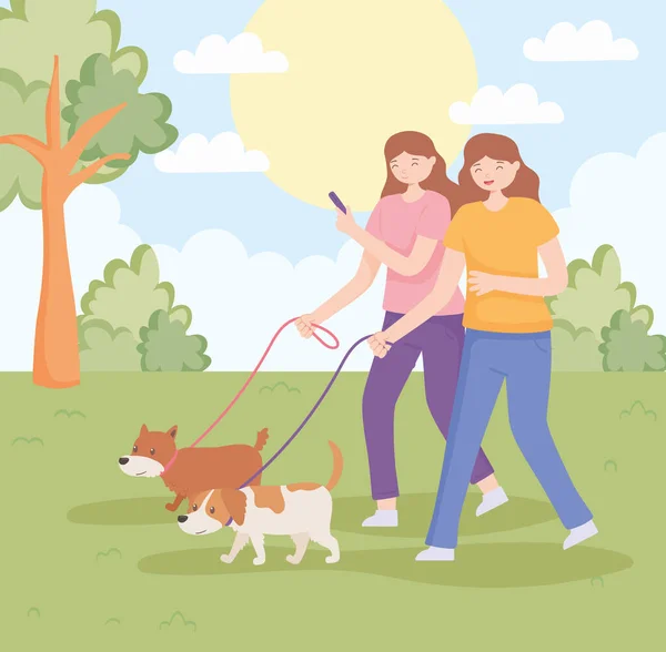 Женщины с собаками гуляют — стоковый вектор