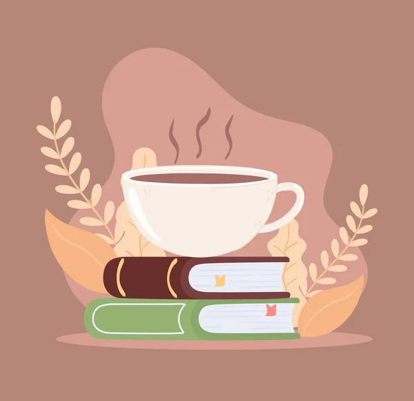 Taza de café en libros — Vector de stock