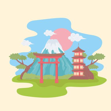 Fuji Dağı torii kapısı ve pagoda