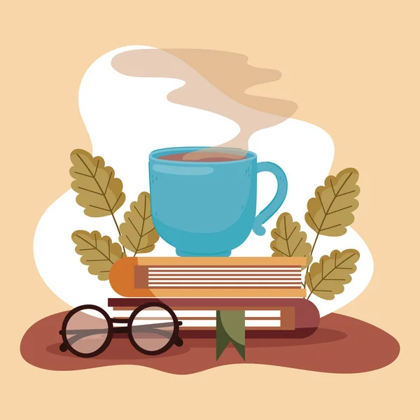 Libros de café taza y anteojos — Vector de stock