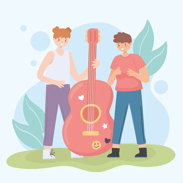 Kids with big guitar — Stock Vector