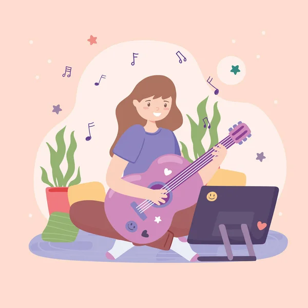 Girl learning guitar online — Stock Vector