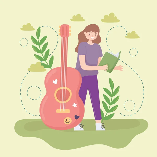 Girl with guitar and book — Stock Vector